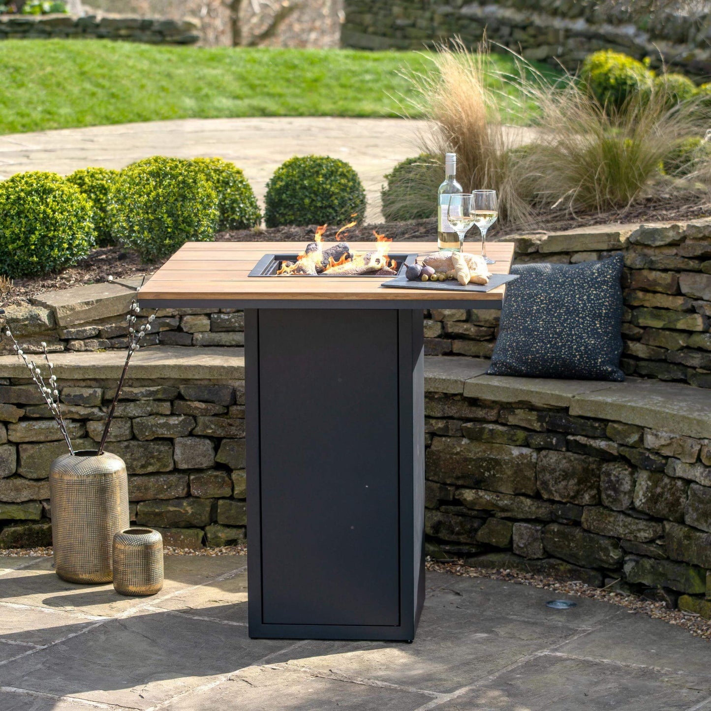 Cosiloft 100 Black Teak Propane Gas Fire Pit Bar Table