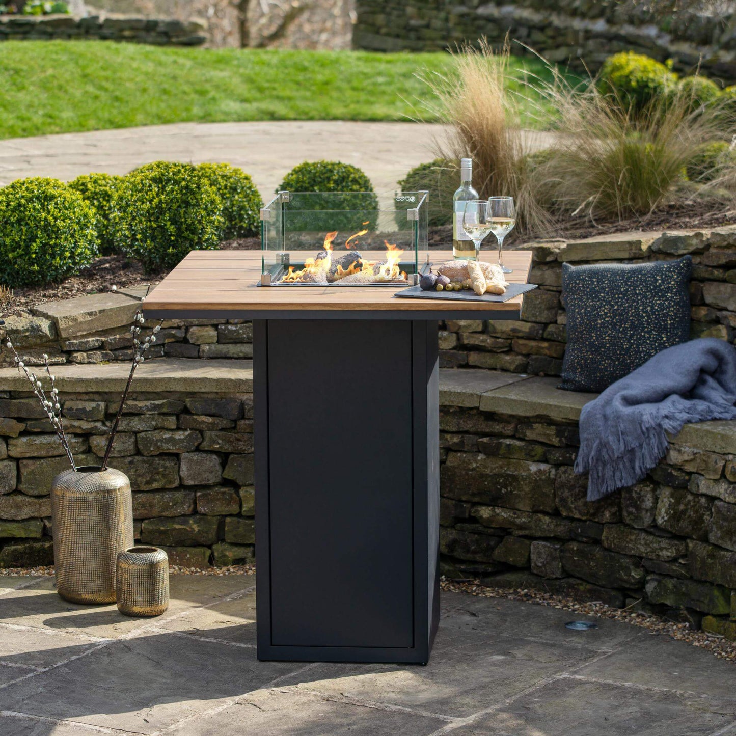 Cosiloft 100 Black Teak Propane Gas Fire Pit Bar Table