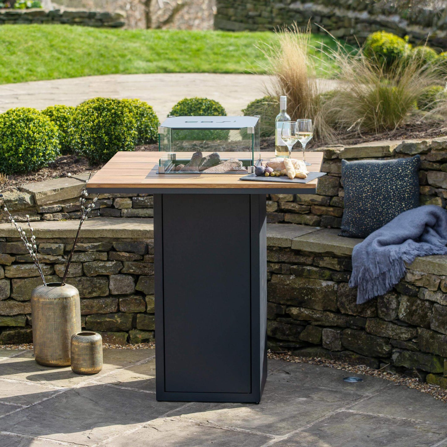 Cosiloft 100 Black Teak Propane Gas Fire Pit Bar Table