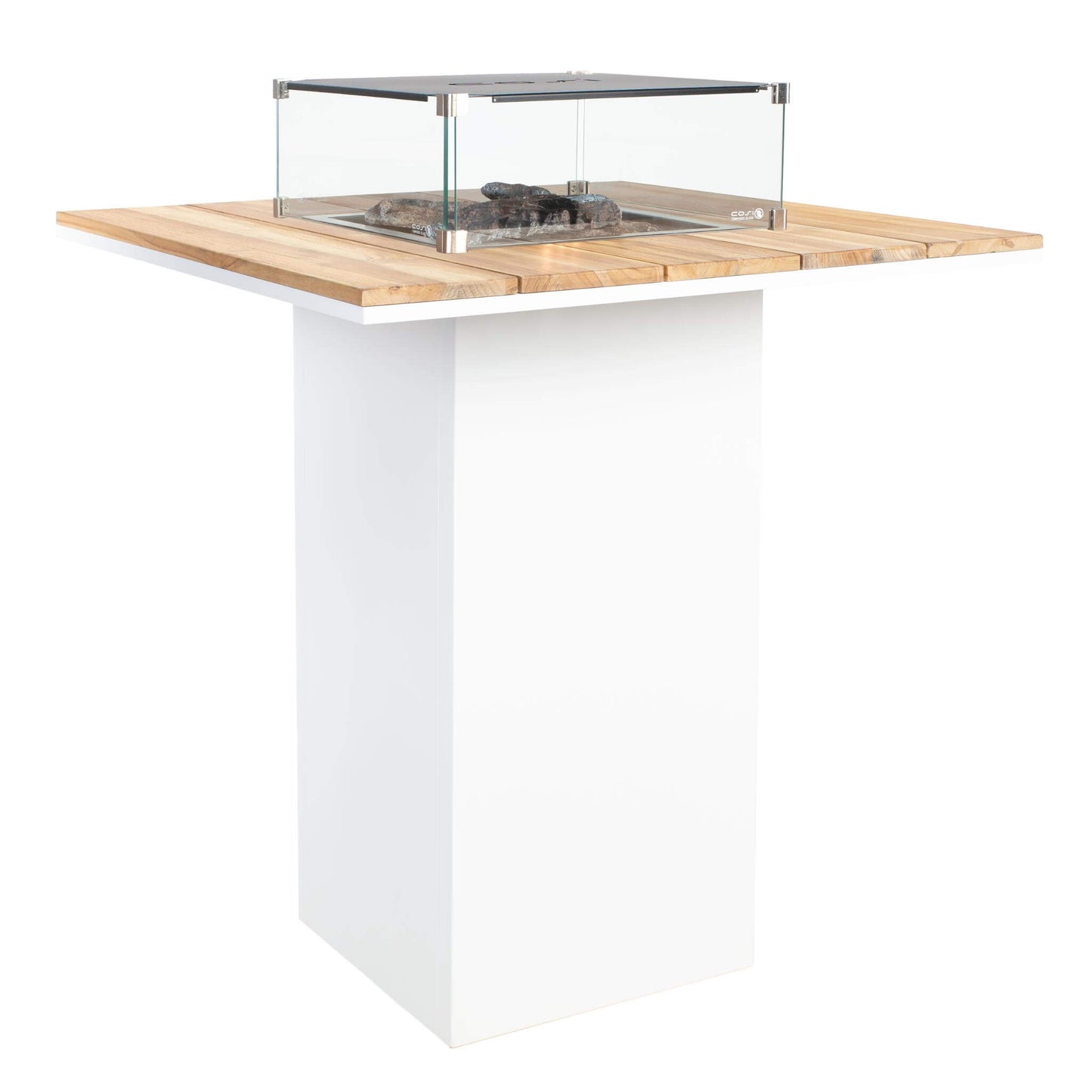 Cosiloft 100 White Teak Propane Gas Fire Pit Bar Table