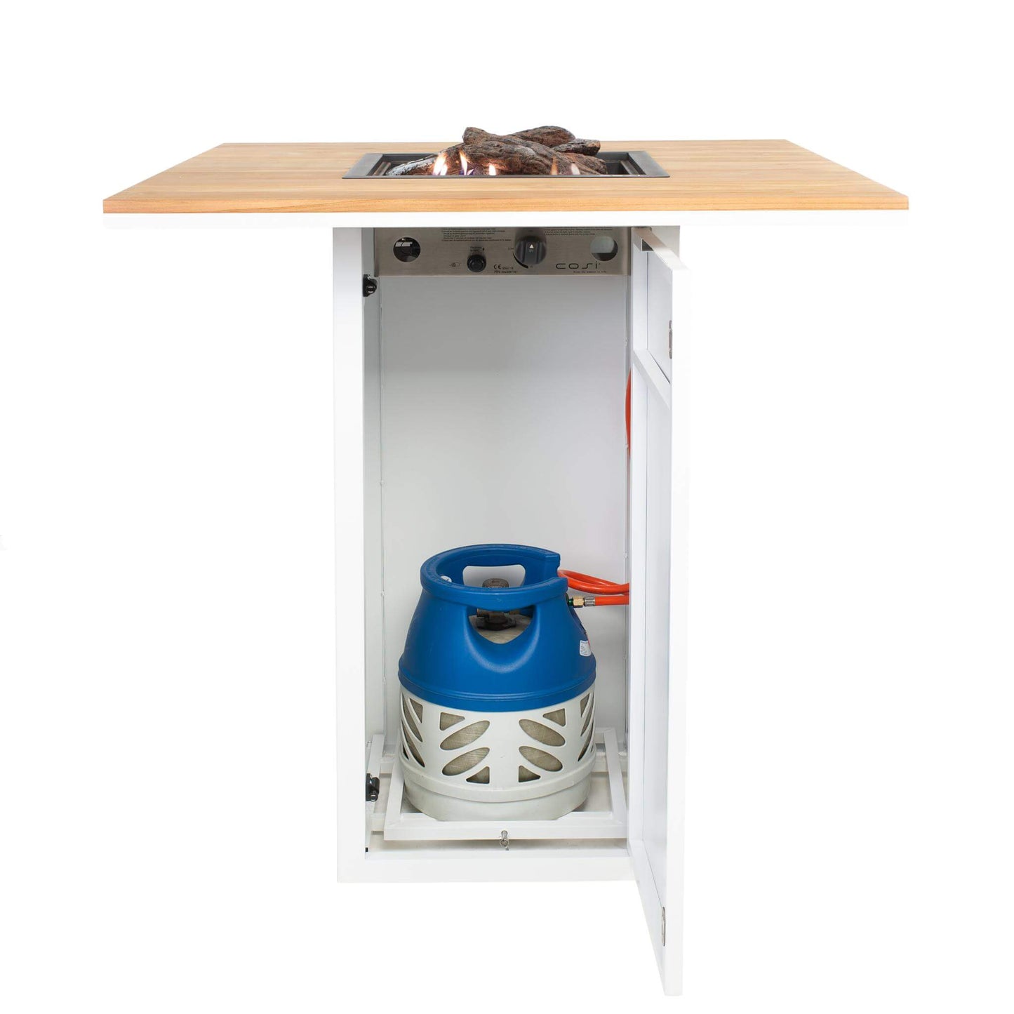 Cosiloft 100 White Teak Propane Gas Fire Pit Bar Table