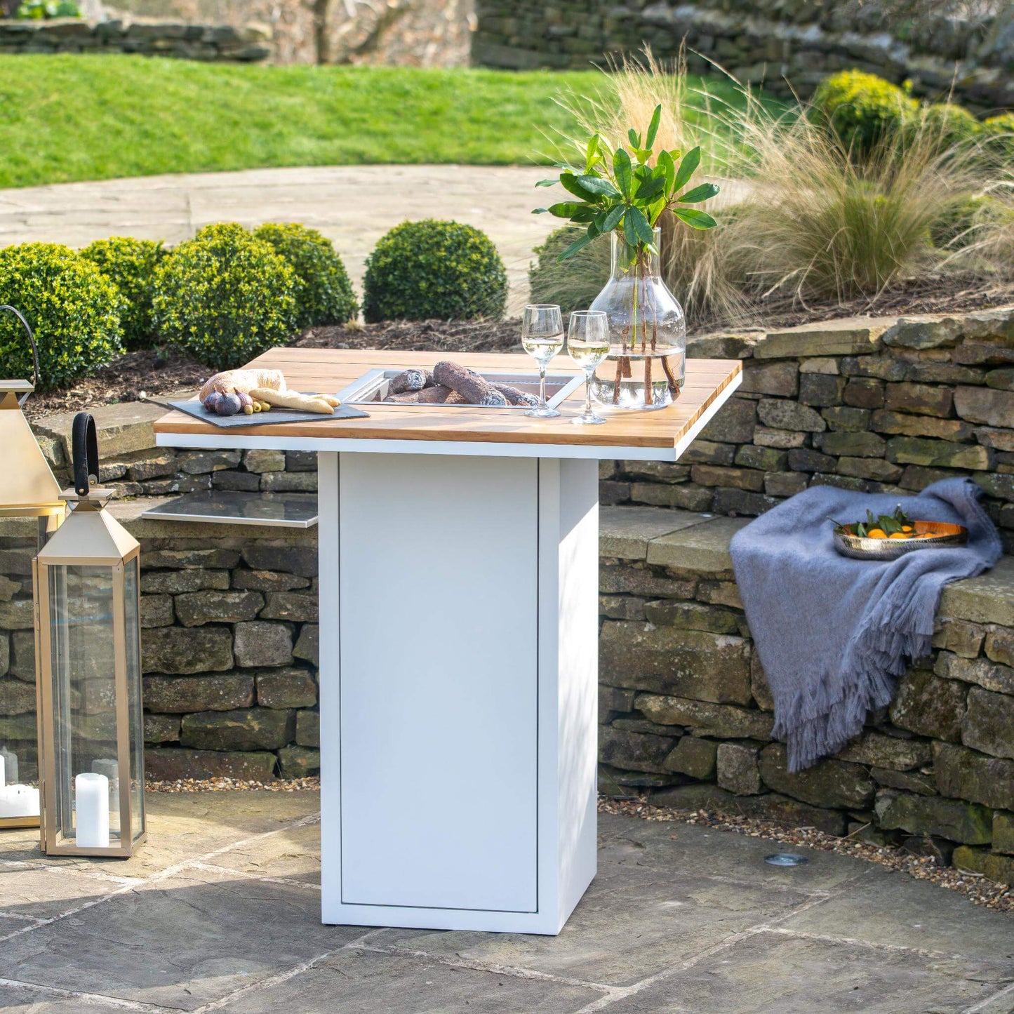 Cosiloft 100 White Teak Propane Gas Fire Pit Bar Table