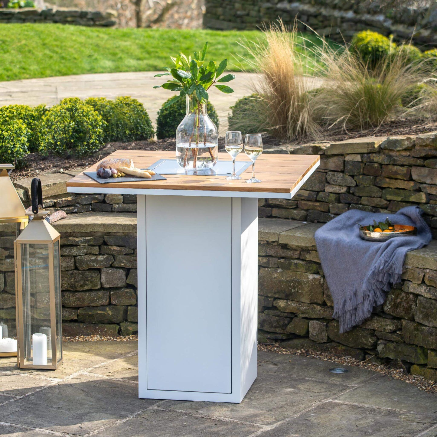 Cosiloft 100 White Teak Propane Gas Fire Pit Bar Table