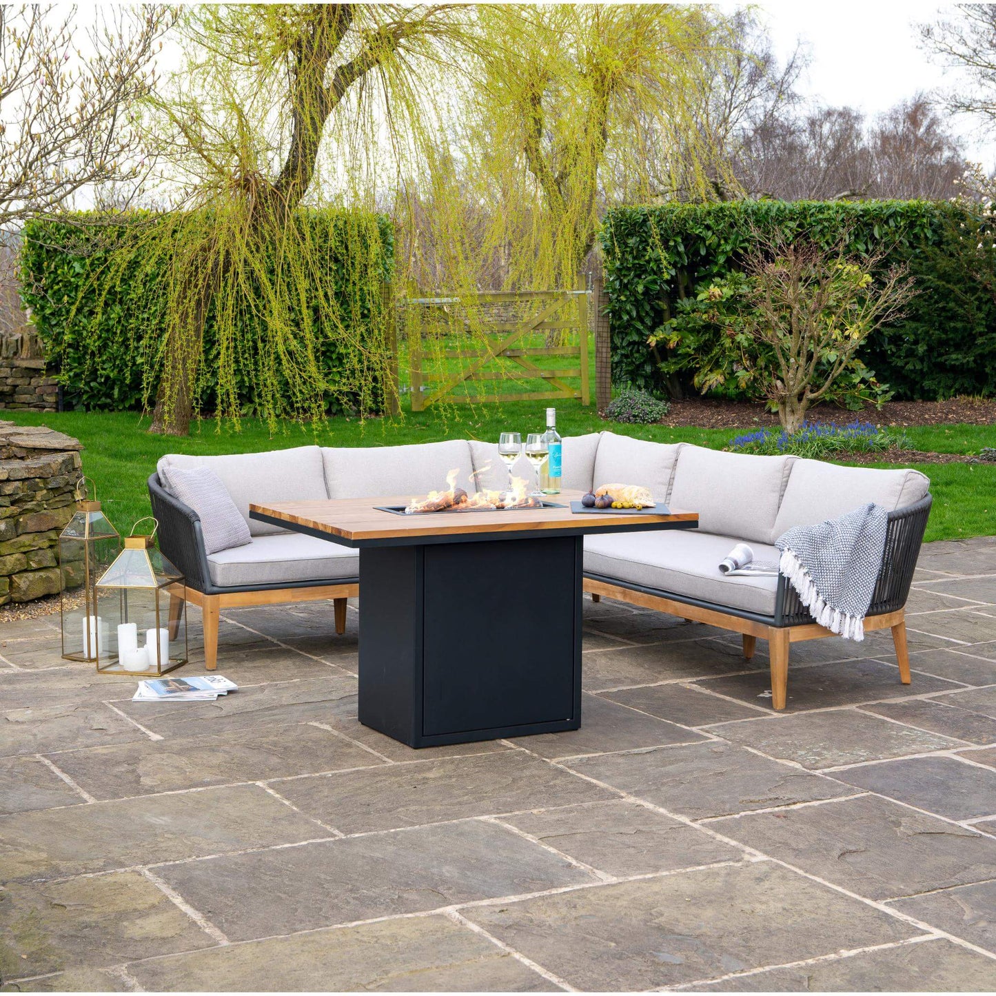 Cosiloft 120 Black Teak Relaxed Gas Fire Pit Dining Table