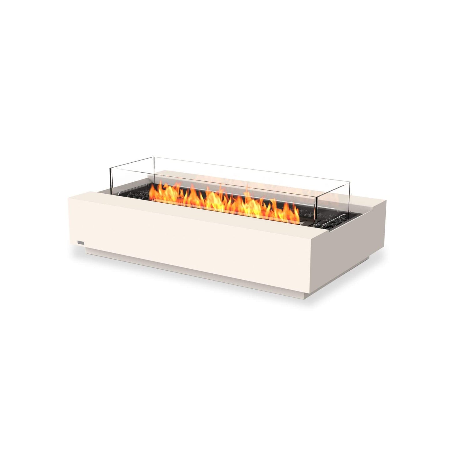 Cosmo 50 Linear Bio Ethanol Concrete Fire Pit Coffee Table with black steel burner in Bone white and glass screen for Indoor & Outdoor Heating by Ecosmart Fire