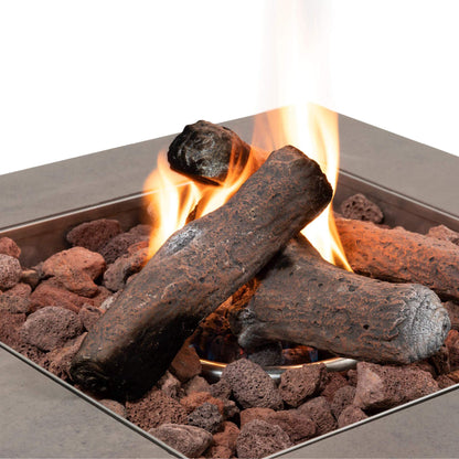 close up of burning logs on the Cosibrixx 60 Anthracite Square Gas Fire Pit Table