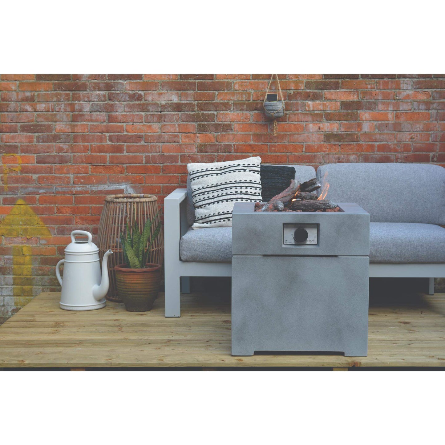 Cosibrixx 60 Concrete Effect Square Gas Fire Pit Table on garden decking