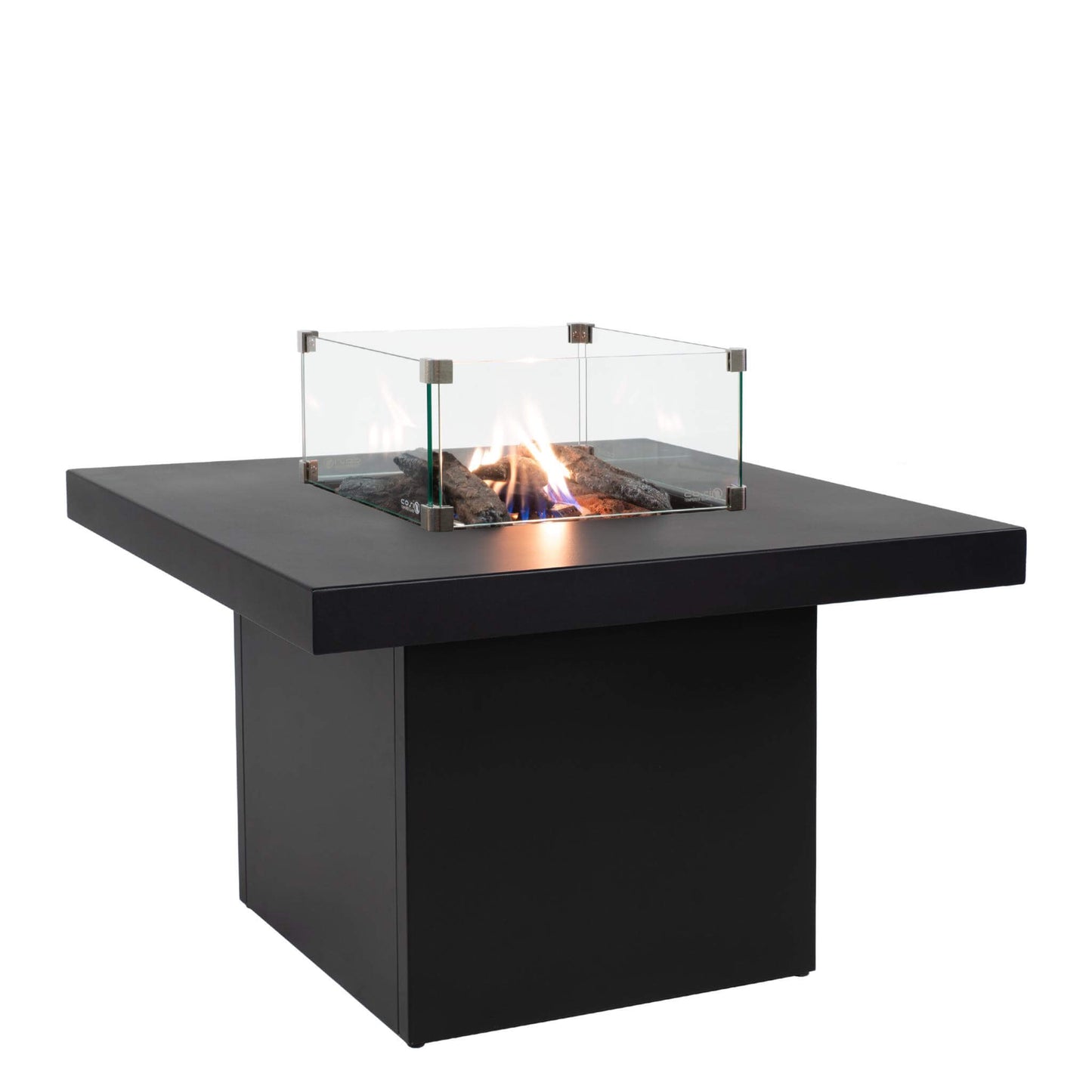 Cosibrixx 90 Anthracite Gas Fire Pit Table with lit fire and glass screen