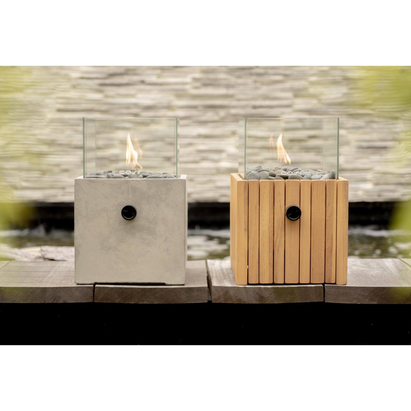 Cosiscoop Timber Square Tabletop Outdoor Gas Fire Lantern