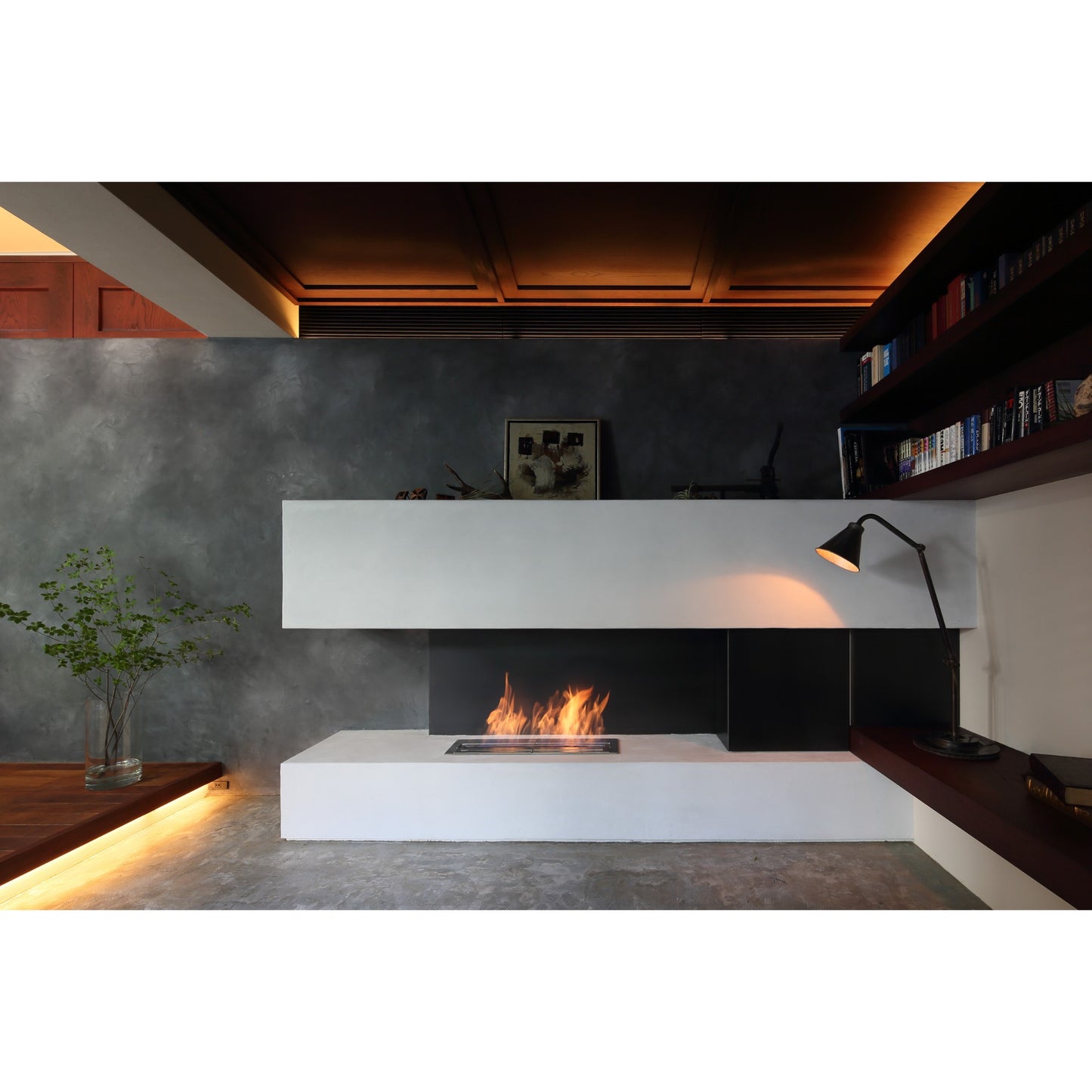 Modern fireplace with a white mantle in a stylish room with bookshelves and plants.