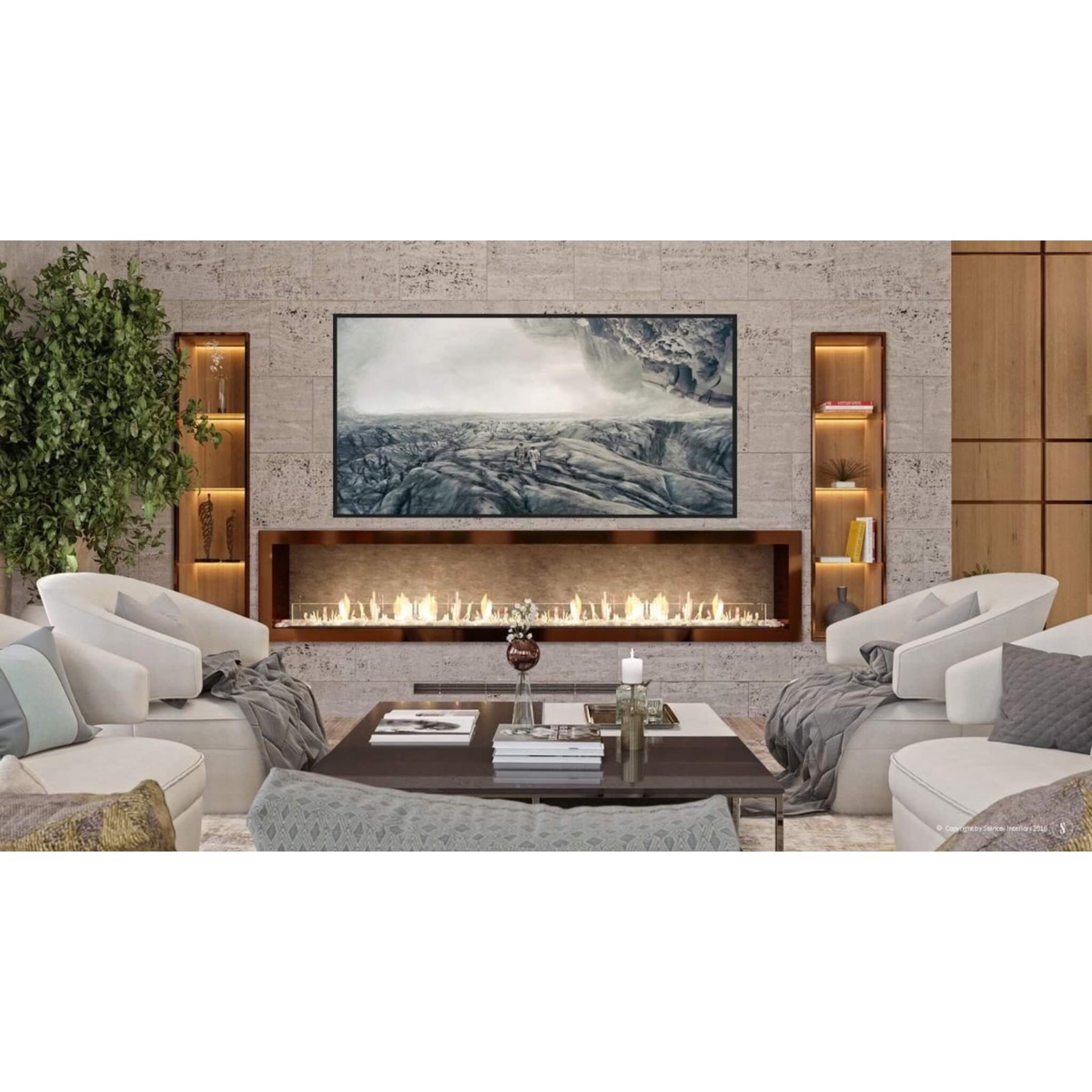 Modern living room with a fireplace, TV, and decorative elements.