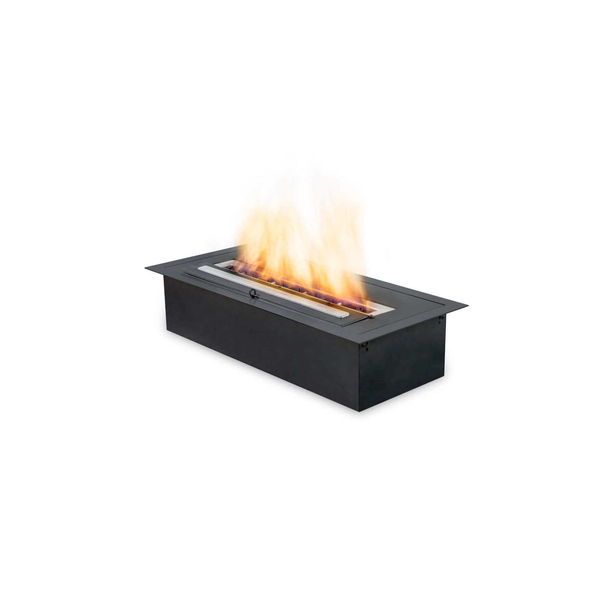 Black rectangular ethanol burner fireplace with flames on a white background