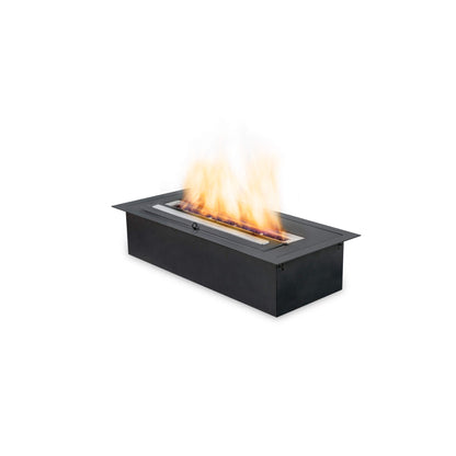 Black rectangular ethanol burner fireplace with flames on a white background