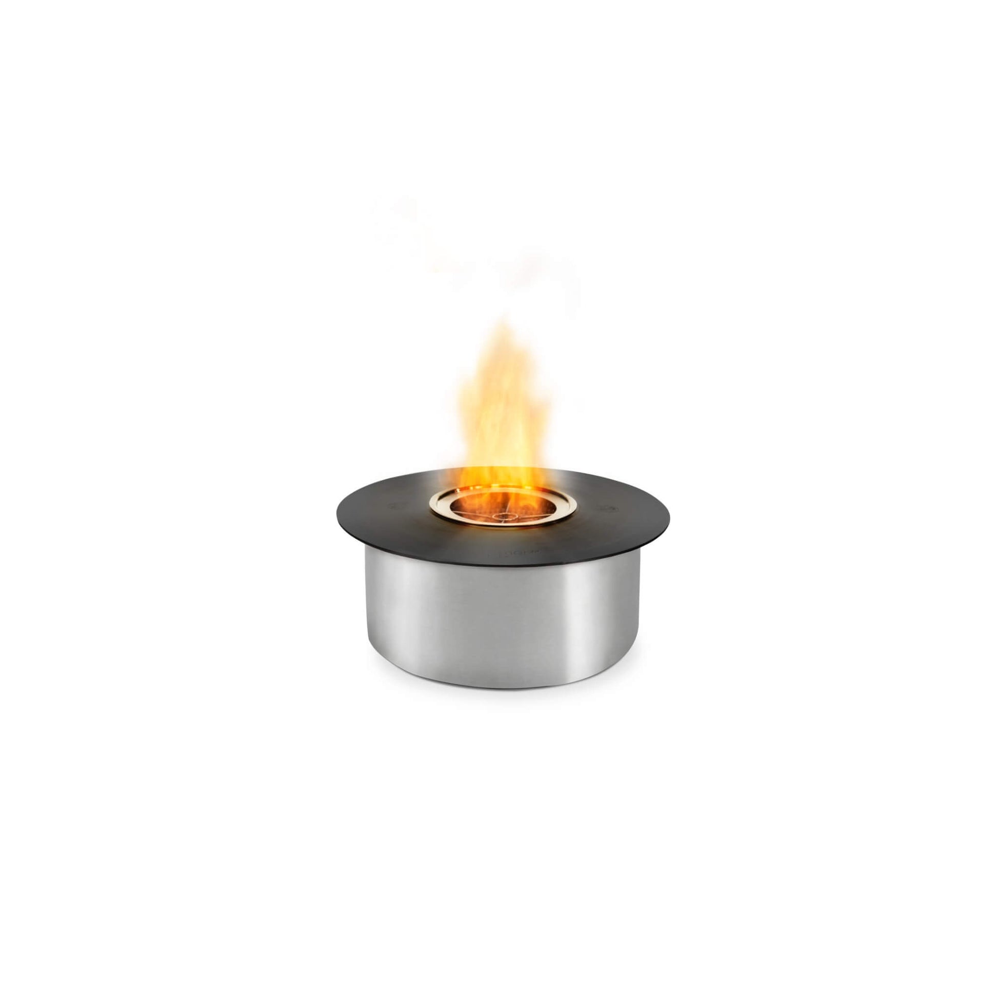 Small round ethanol fireplace with flames on a white background