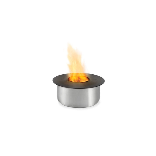 Small metal fire pit with flames on a white background