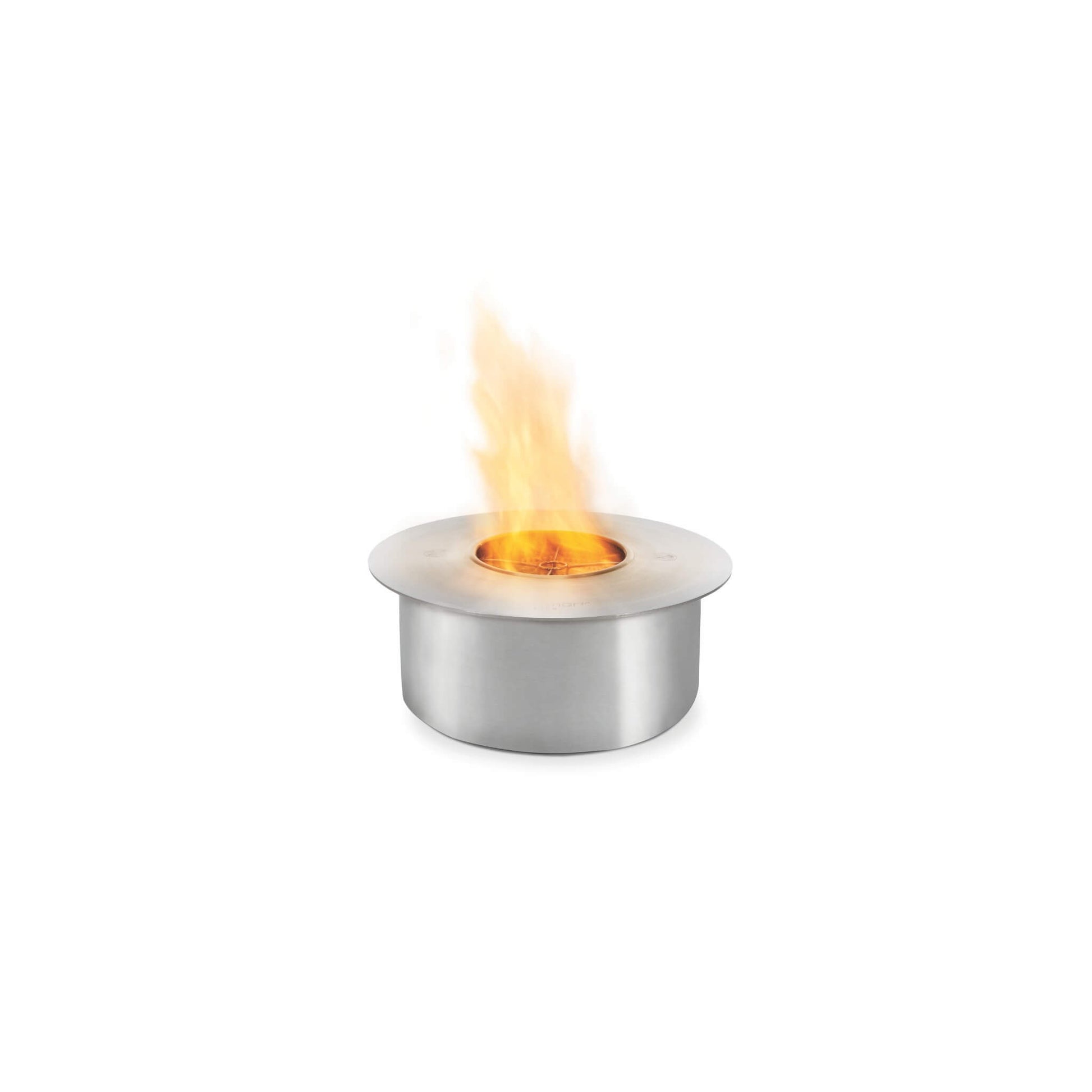 ethanol burner in stainless steel with flame on a white background