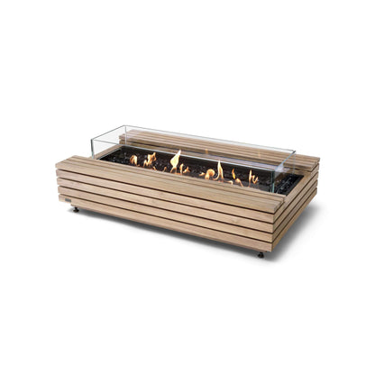 Cosmo 50 Linear Bio Ethanol Concrete Fire Pit Coffee Table with black steel burner  in Teak wood and glass screen for Indoor & Outdoor Heating by Ecosmart Fire