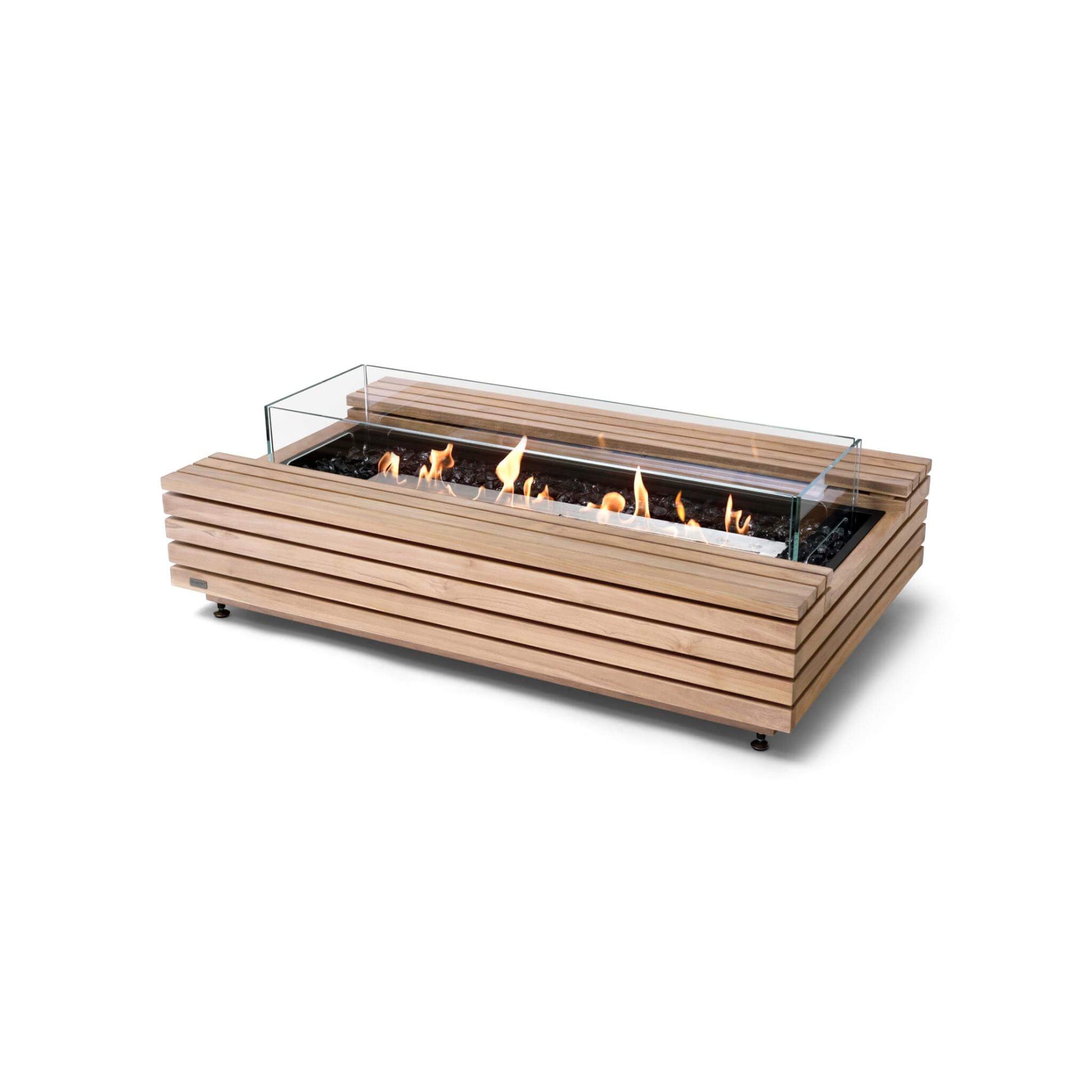 Cosmo 50 Linear Bio Ethanol Concrete Fire Pit Coffee Table with stainess steel burner  in Teak wood with glass screen for Indoor & Outdoor Heating by Ecosmart Fire