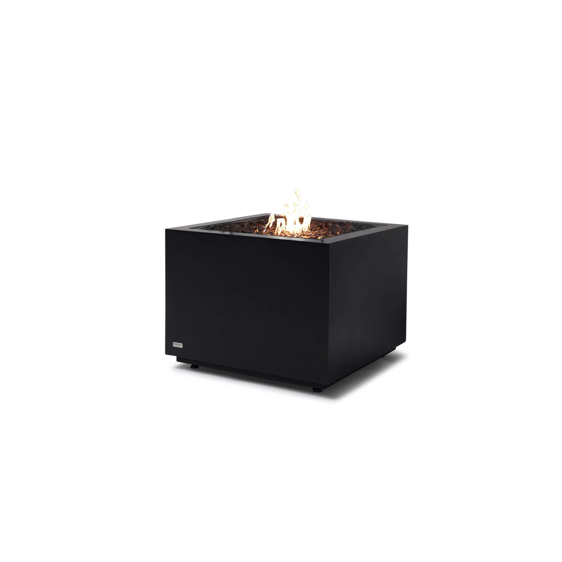 Black square fire pit with flames on a white background