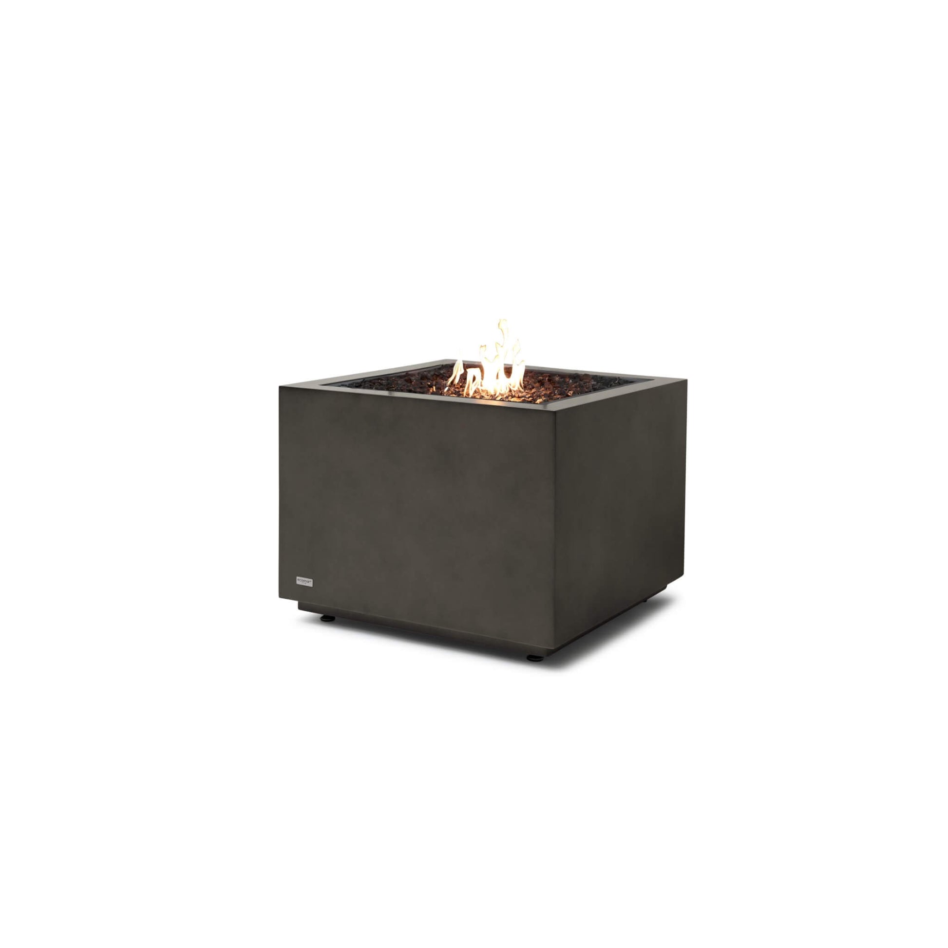 Square concrete fire pit with flames on a white background