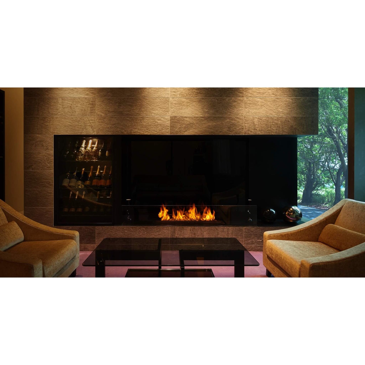 Modern living room with a fireplace and two armchairs.