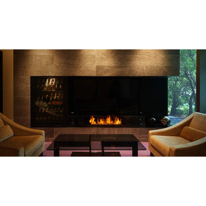 Modern living room with a fireplace and two armchairs.