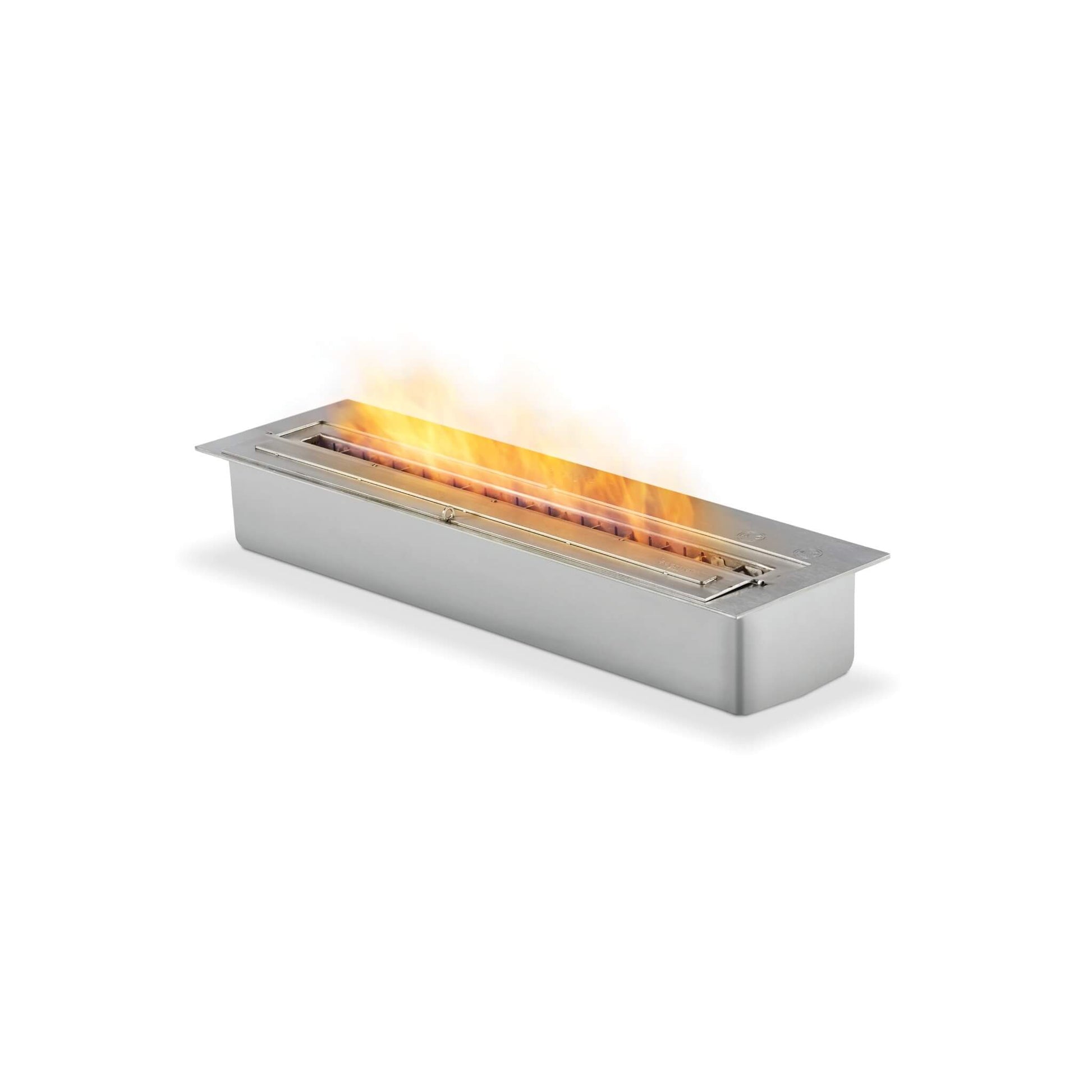 Stainless steel fireplace with flames on a white background