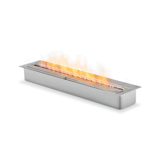 Stainless steel fire pit with flames on a white background