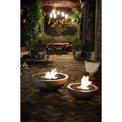 Ecosmart Fire Mix 850 and Mix 600 bioethanol fire pit bowl in grey concrete with a stainless steel burner positioned on outdoor garden patio area