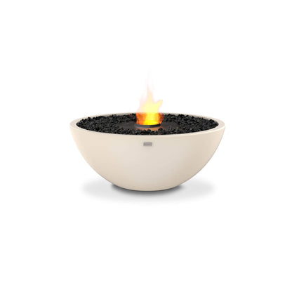 Ecosmart Fire Mix 850 bioethanol fire pit bowl in white concrete with a black steel burner and decorative black charcoal
