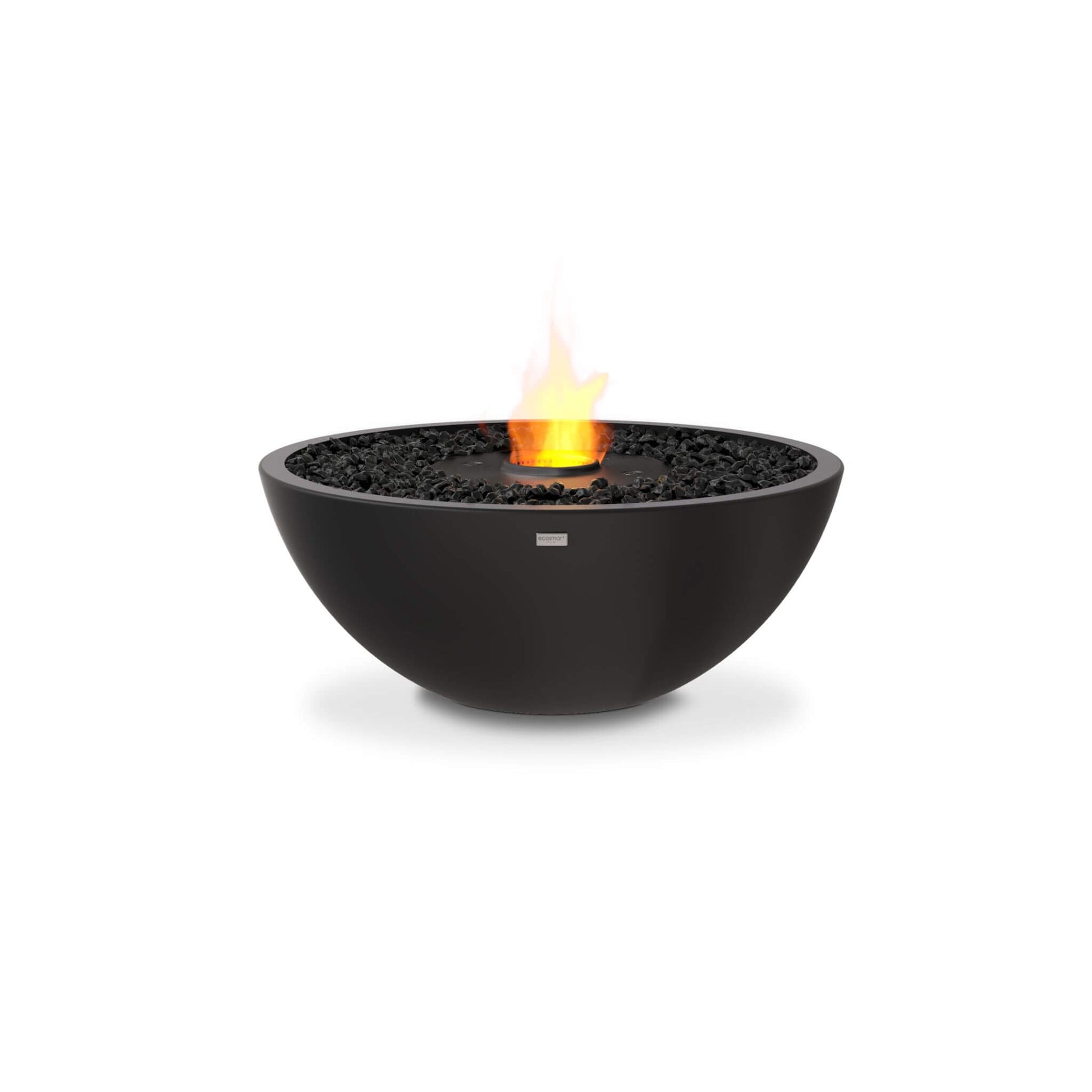 Ecosmart Fire Mix 850 bioethanol fire pit bowl in black concrete with a black steel burner and decorative black charcoal