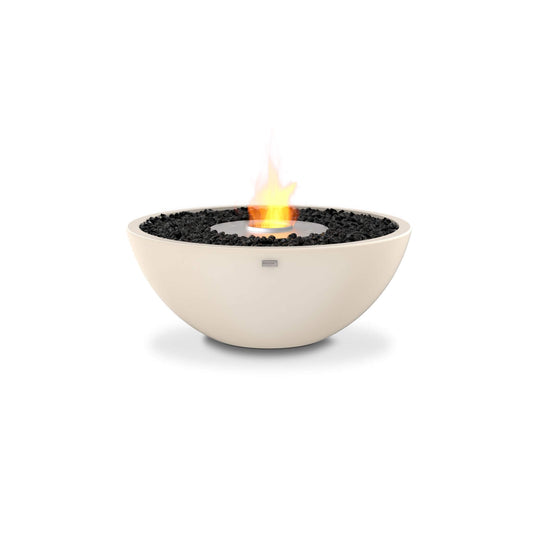 Ecosmart Fire Mix 850 bioethanol fire pit bowl in white concrete with a stainless steel burner and decorative black charcoal