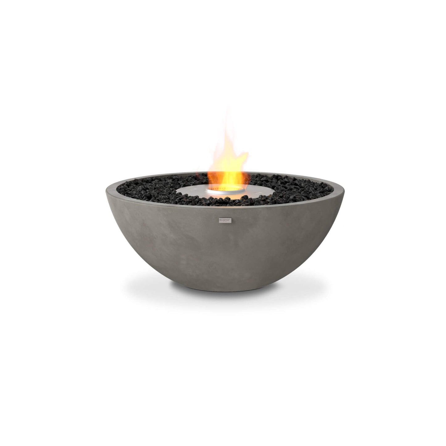 Ecosmart Fire Mix 850 bioethanol fire pit bowl in grey concrete with a stainless steel burner and decorative black charcoal